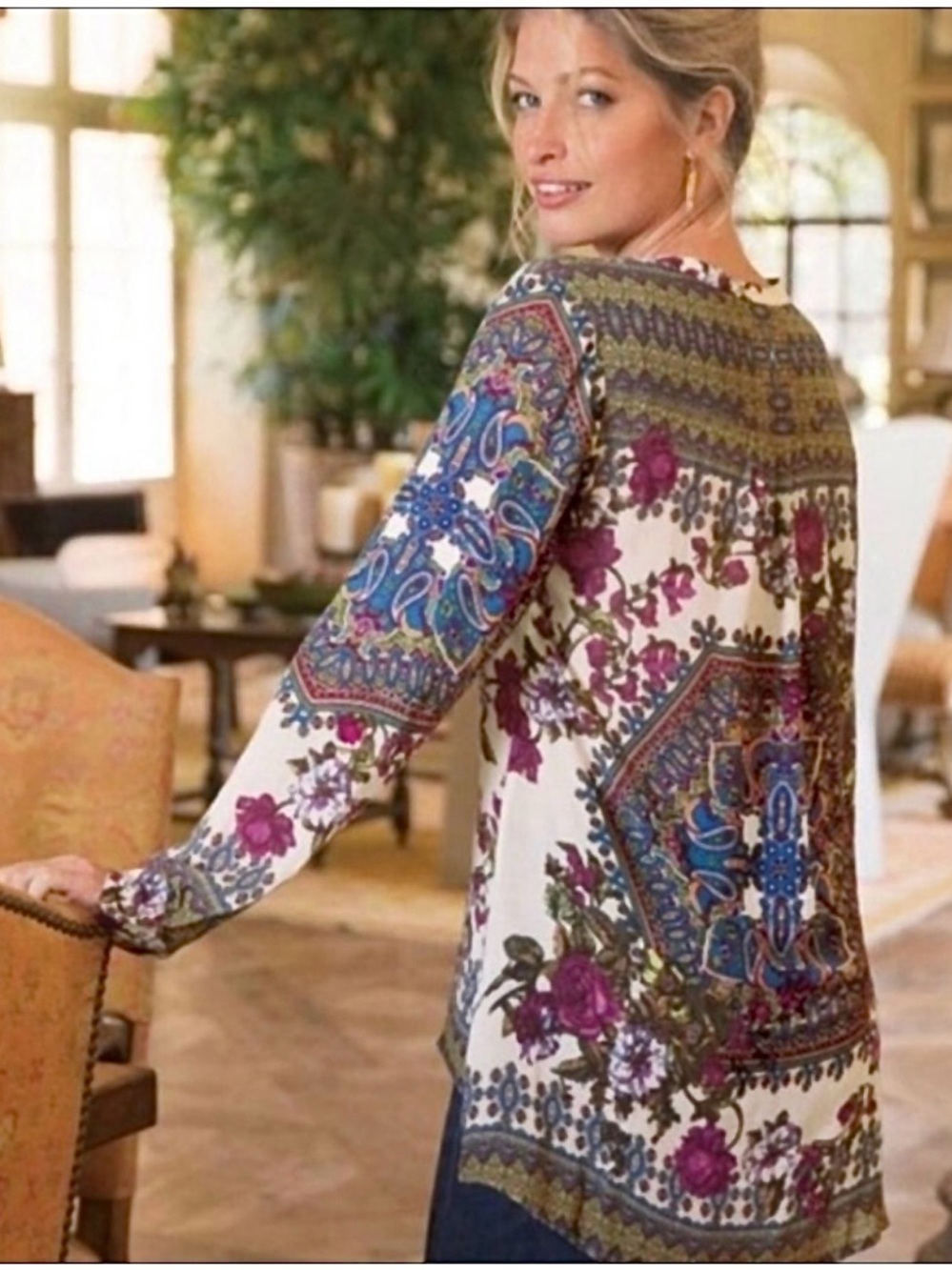 Soft Surroundings Boho Floral Tunic Top Velvet Trim Rayon Size S